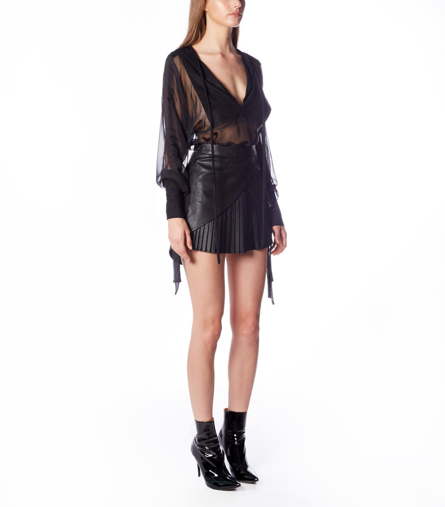 ARIN Sheer V-Neck Lace Top  (Black Suede and Chiffon)