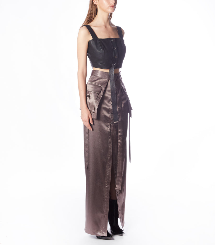 Cargo Maxi Skirt (Gunmetal Satin)