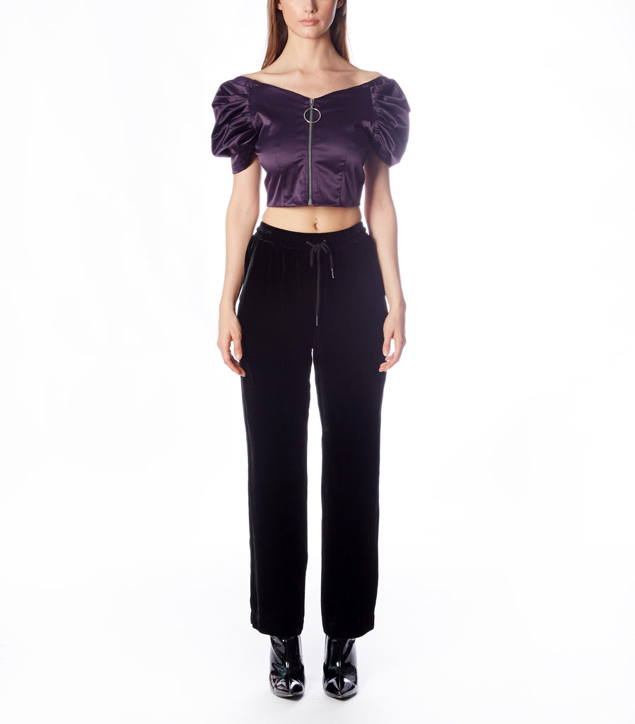 WREN Off-shoulder Waterfall Top  (Purple Satin)