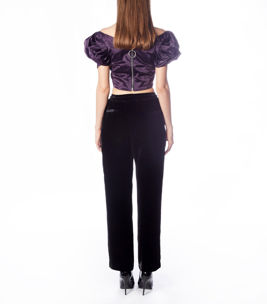 WREN Off-shoulder Waterfall Top  (Purple Satin)