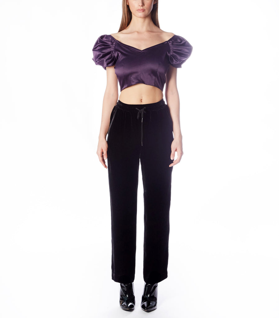 WREN Off-shoulder Waterfall Top  (Purple Satin)