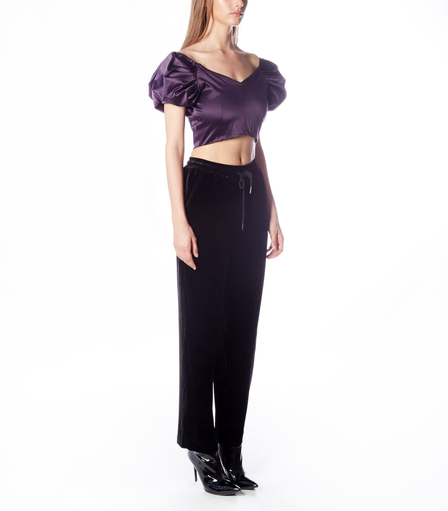 WREN Off-shoulder Waterfall Top  (Purple Satin)