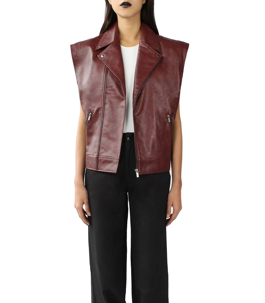 DELLAL Leather Biker Vest (Burgundy)