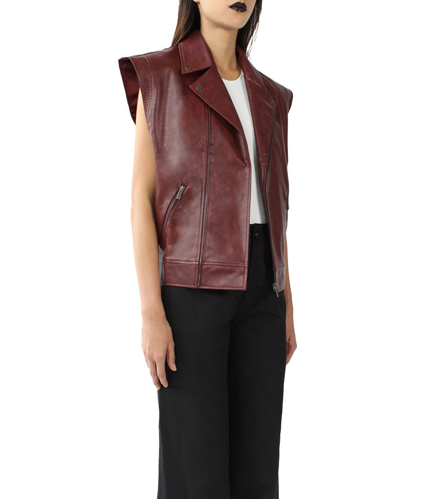 DELLAL Leather Biker Vest (Burgundy)