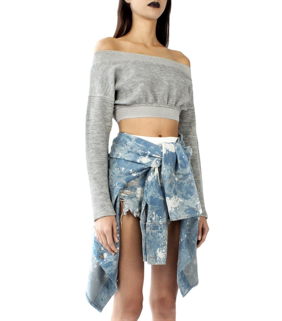 BARDOT Off-Shoulder Crop Sweater (Light Grey)